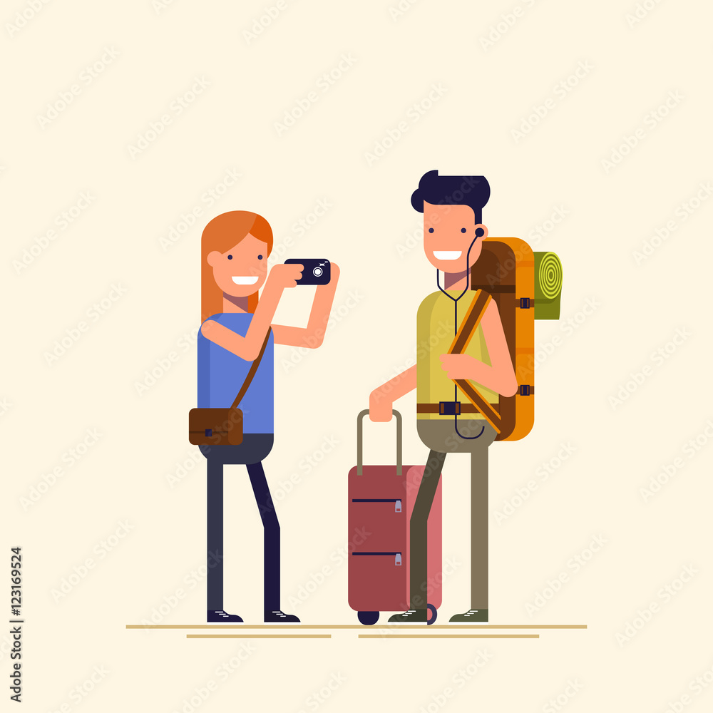Tourists are photographed. She takes on the camera guy. Young man posing with shopping bags. The family during the holidays or weekends. Vector illustration in a flat style.