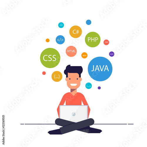 Man sitting with a laptop on his feet and has been programming. Freelancer is developing an application or website. The study of computer technology. Banner for training or webinars.