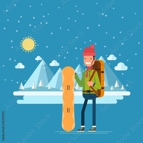 Happy man with a snowboard on a background of winter mountains. Occupation dangerous extreme sport. Northern landscape with lake and forest. Vector illustration in a flat style.