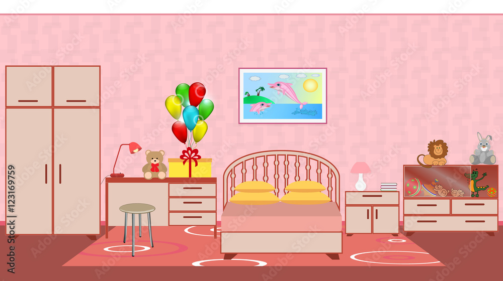 Children bedroom interior with furniture, birthday present, carp