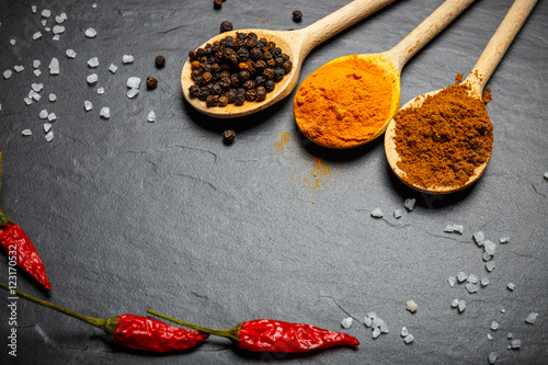 spices in wooden spoons over black stone background, top view with copy space