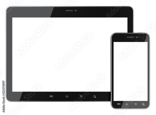 Black smartphone and tablet with blank screen front view.