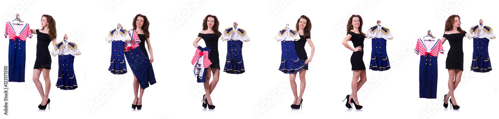 Woman with difficult choice of choosing clothing Woman with difficult choice of choosing clothing