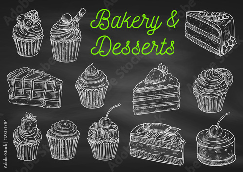 Bakery and desserts chalk sketch icons