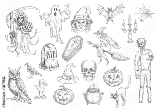 Halloween holiday creepy and horror sketch symbols