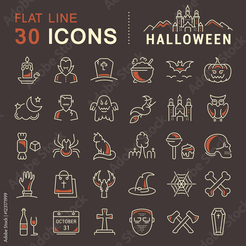 Set Vector Flat Line Icons Halloween