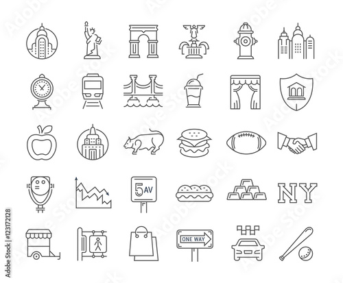 Set Vector Flat Line Icons New York