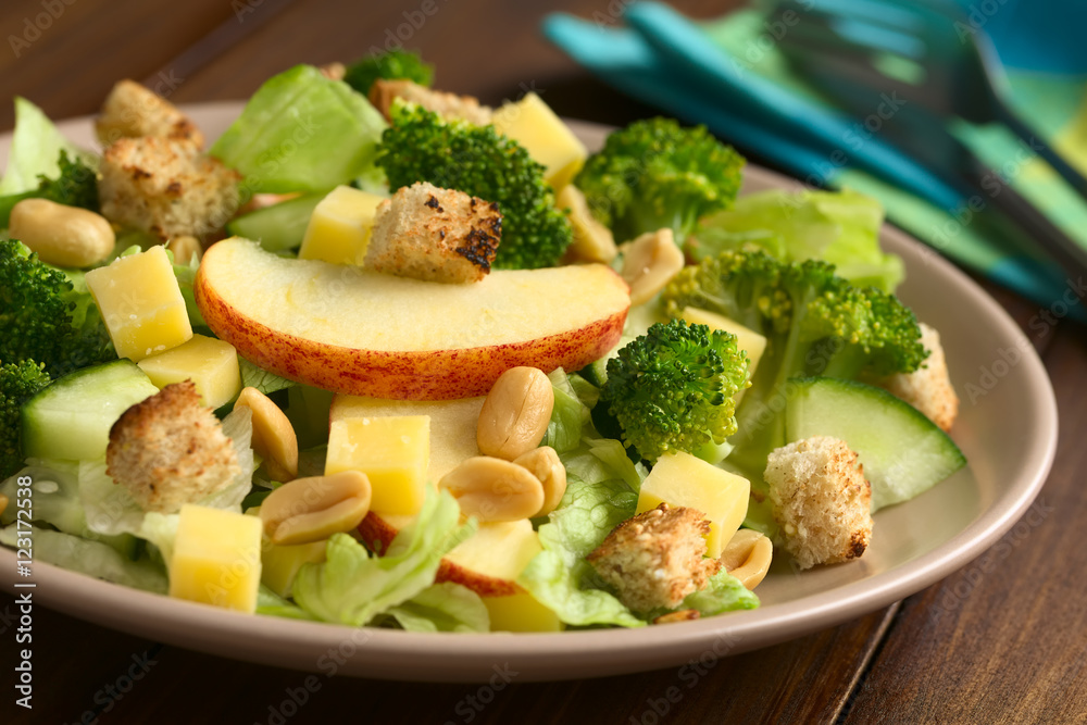 Fresh vegetarian salad with apple, lettuce, broccoli, cucumber, peanut, cheese and homemade croutons on plate, photographed with natural light (Selective Focus, Focus on the front of the apple slice) Fresh vegetarian salad with apple, lettuce, broccoli, cucumber, peanut, cheese and homemade croutons on plate, photographed with natural light (Selective Focus, Focus on the front of the apple slice)