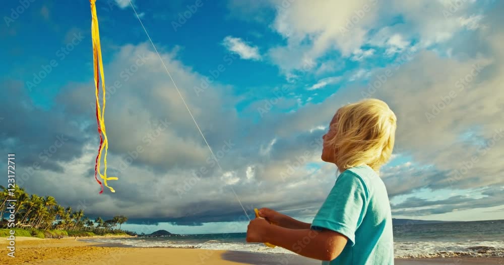 Young boy playing with kite on the beach
