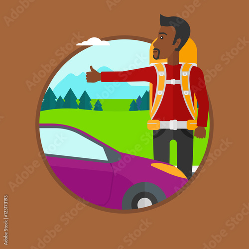 Young man hitchhiking vector illustration.