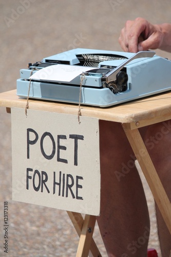 Poet for hire with typewriter stock, photo, photograph, picture, image