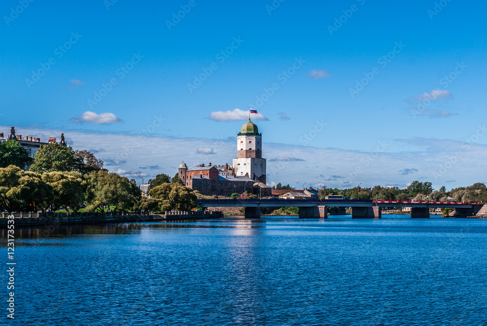 Panorama of Vyborg castle from the embankment of the river Vuoksi
