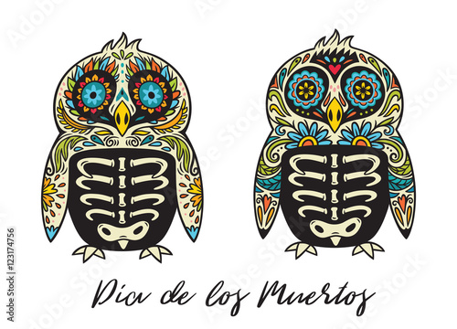 Dia De Los Muertos. Greeting card with sugar skull penguins