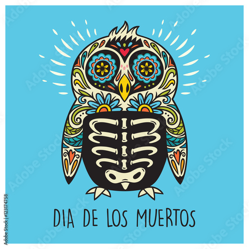 Dia De Los Muertos. Greeting card with sugar skull penguin