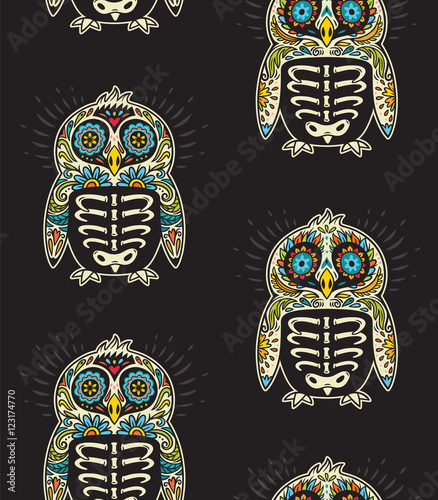 Sugar skull penguins pattern. Mexican day of the dead background