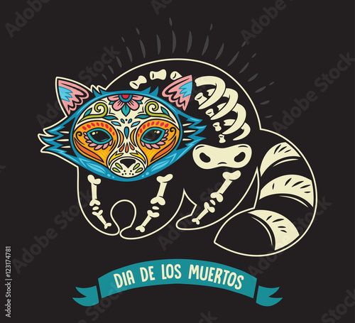 Dia De Los Muertos. Greeting card with sugar skull raccoon