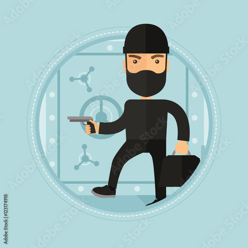 Burglar with gun near safe vector illustration.