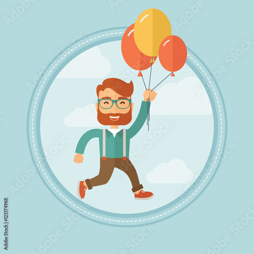Businessman flying up away on bunch of balloons.