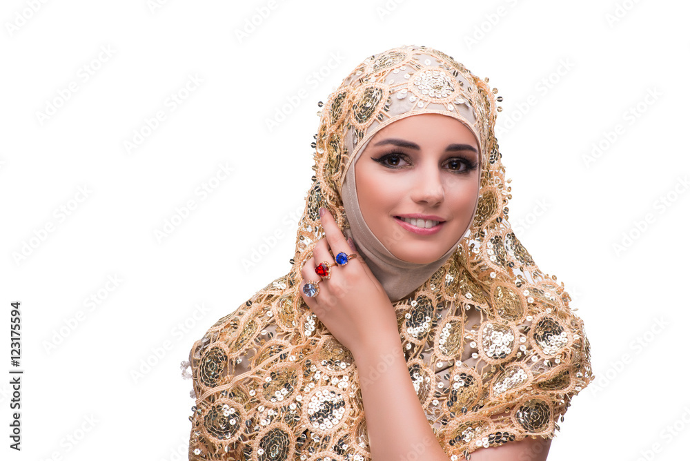 Muslim woman in gold cover isolated on white Muslim woman in gold cover isolated on white