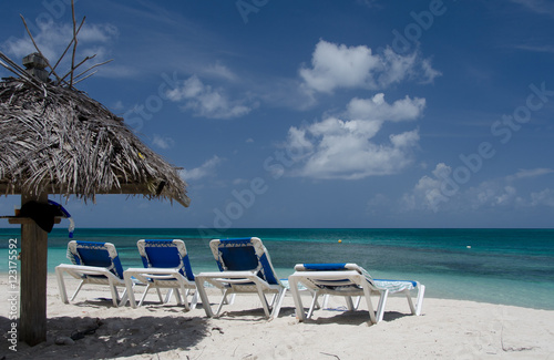 Palms  beach chairs and palm leaf umbrellas on beautiful Cocobay