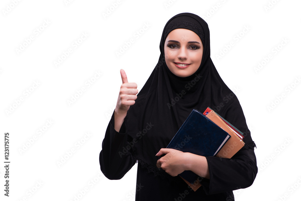Muslim woman in black dress isolated on white Muslim woman in black dress isolated on white