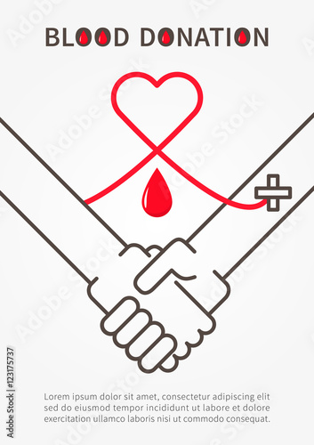 Blood Donation Handshake vector illustration with red heart and sample text. Blood Donation poster with handshake and red outline heart,and the red line connecting hands.
