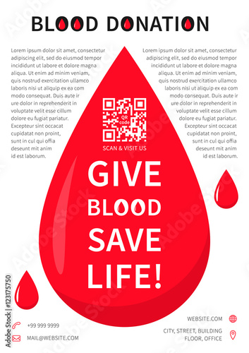 Blood Donation poster vector template. Blood Donation banner layout with sample text, big red drop, contact information and qr code on grey background. Phrase Give Blood Save Life graphic design.
