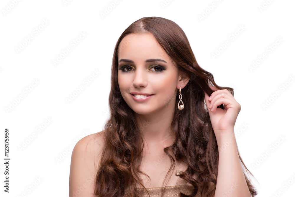 Young woman showing off her jewellery isolated on white Young woman showing off her jewellery isolated on white