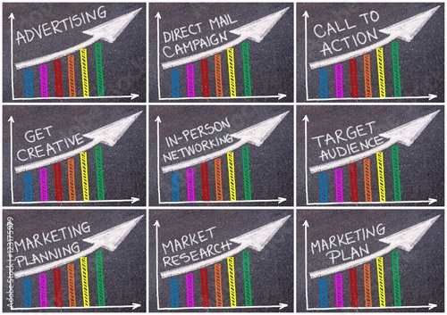 Obraz na płótnie Photo collage of various business messages written over colorful graph and rising arrow w salonie