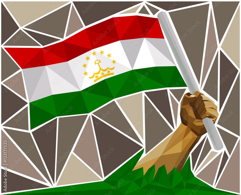 Naklejka Man's Arm Raising The National Flag Of Tajikistan