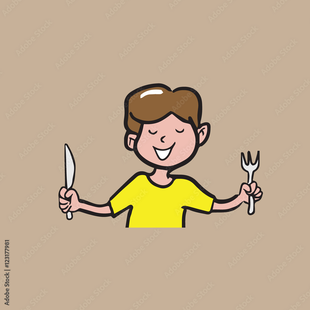 Boy holds fork and knife cartoon drawing 1