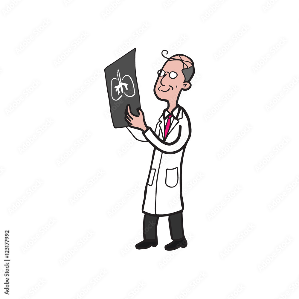 Doctor looking at x-ray film cartoon drawing senior