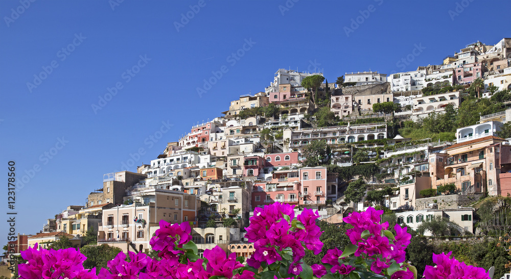 Stunning Amalfi coast. Positano with bougainvilleas on front