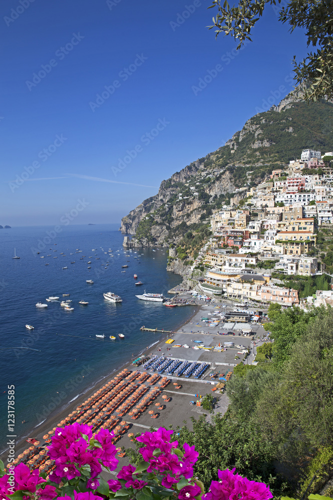 Stunning Amalfi coast. Positano with bougainvilleas on front
