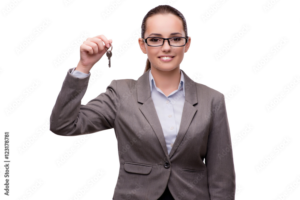 Bsuinesswoman pressing virtual buttons isolated on white Bsuinesswoman pressing virtual buttons isolated on white