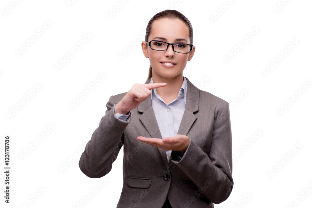 Bsuinesswoman pressing virtual buttons isolated on white Bsuinesswoman pressing virtual buttons isolated on white
