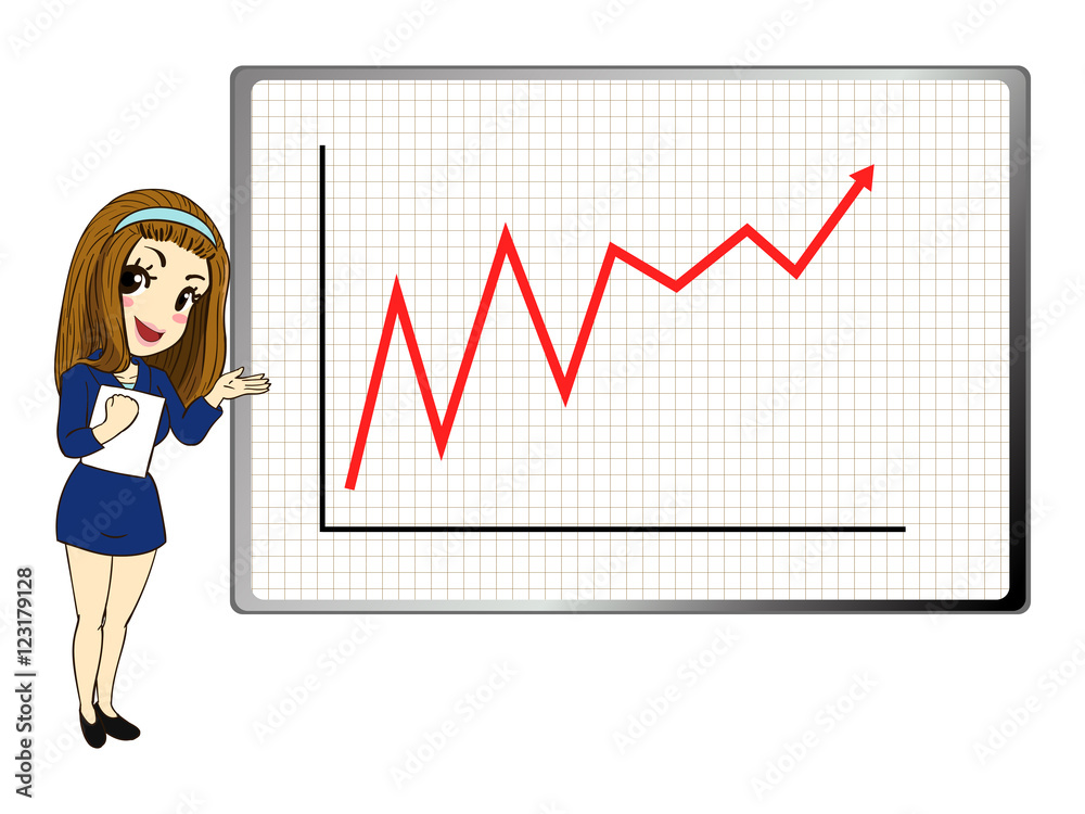 vector illustration of cute girl stand in front of a big board, which display growing up graph, business and stock concept vector illustration of cute girl stand in front of a big board, which display growing up graph, business and stock concept
