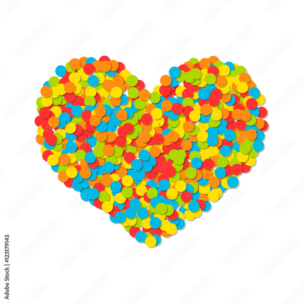 Heart of colored confetti isolated on white background.