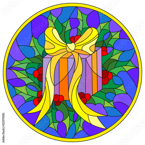 Illustration in stained glass style with a box with a gift, ribbon and Holly branches  on a blue background, round picture frame