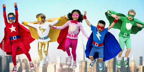 Quadro su tela Superheroes Kids Friends Playing Togetherness Fun Concept