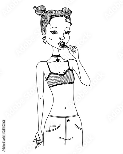 Sexy Girl Sucking on a Lollipop. Attractive Woman Sucking on a Lollipop. Vector Poster. T Shirt Design. Vector T Shirt Template. Sexy Girl Poster Design