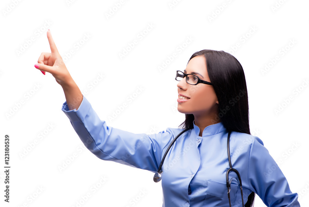 Young female doctor in medical concept isolated on white