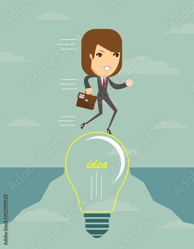 Businesswoman on a lightbulb cross an abyss.