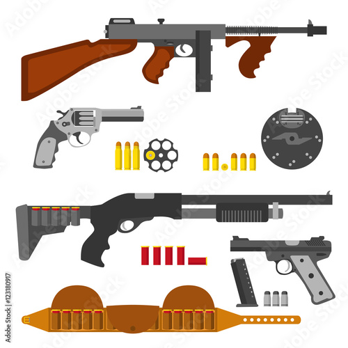 Guns flat set, machine gun, thompson rifle, revolver, pistol, shells.