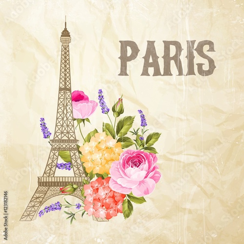 Souvenir card with eiffel tower. Eiffel tower with blooming spring flowers over old paper background. Vector illustration.
