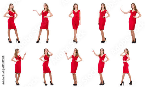Young woman in red dress isolated on white