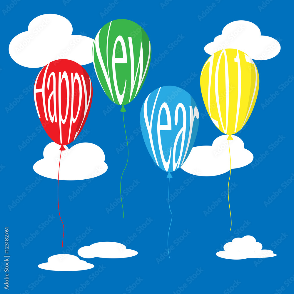 Balloons float in the blue sky with clound and Happy new year 2017 text