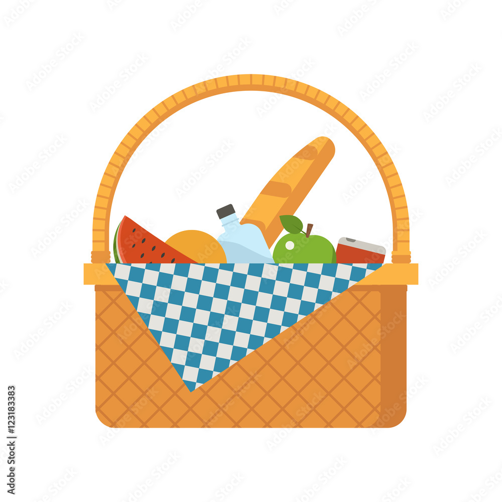 Wicker picnic basket vector illustration. Opened food hamper bag vector illustration.