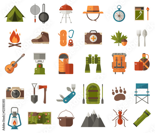 Camping icon set. Camp gear and adventure activity elements. Hiking icons collection. Binoculars, bowl, barbecue, boat, lantern, shoes, hat, tourist tent and other camping essentials and items.