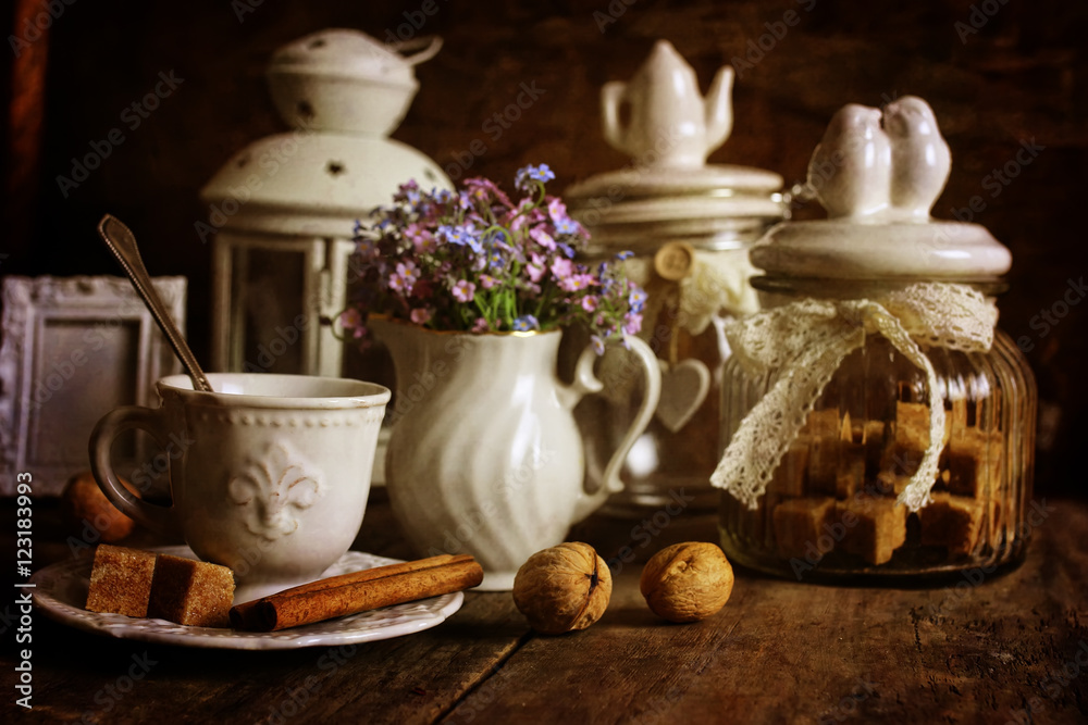 retro tea set on wooden background
